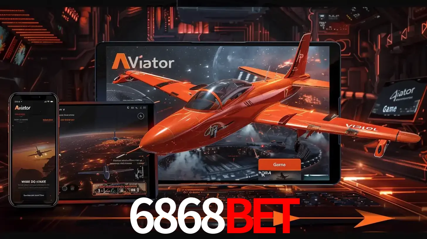Apresentação tecnológica do jogo Aviator com um avião saindo da tela de um tablet, demonstrando a experiência imersiva em múltiplos dispositivos no 6868BET.