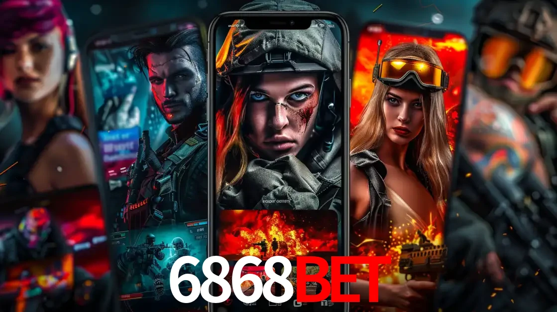 Montagem de telas de celular mostrando diversos personagens, masculinos e femininos, de um jogo de tiro, ilustrando a diversidade de equipes de e-sports para apostar no 6868BET.