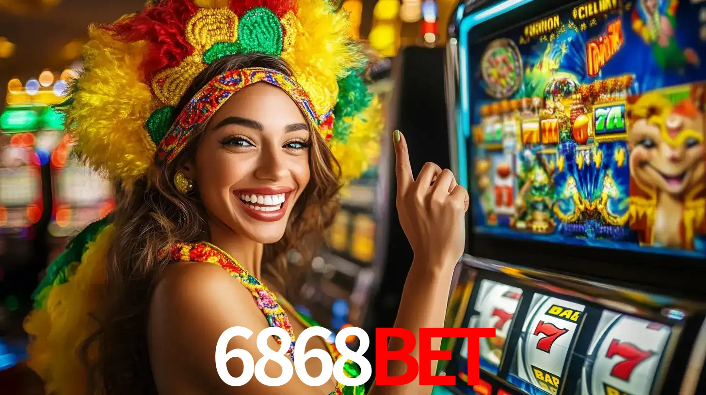 Mulher animada com um cocar de carnaval apontando para uma máquina de caça-níqueis, mostrando a emoção de ganhar um grande prêmio nos jogos do 6868BET.