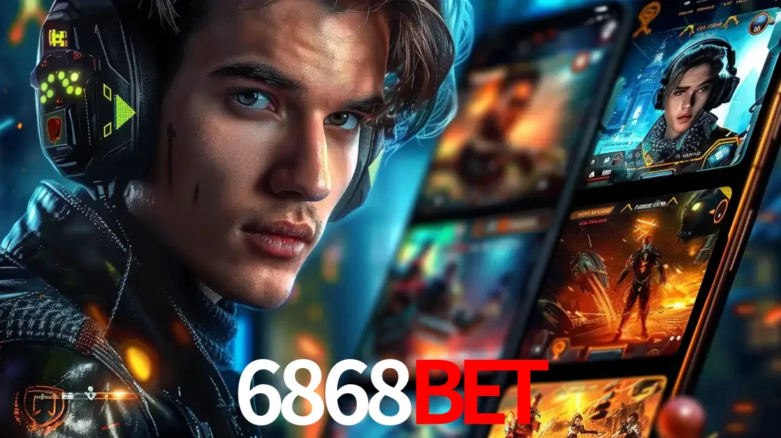 Jovem jogador com fones de ouvido olhando para a câmera, com um aplicativo de jogos e e-sports para celular ao fundo, pronto para a competição e apostas no 6868BET.