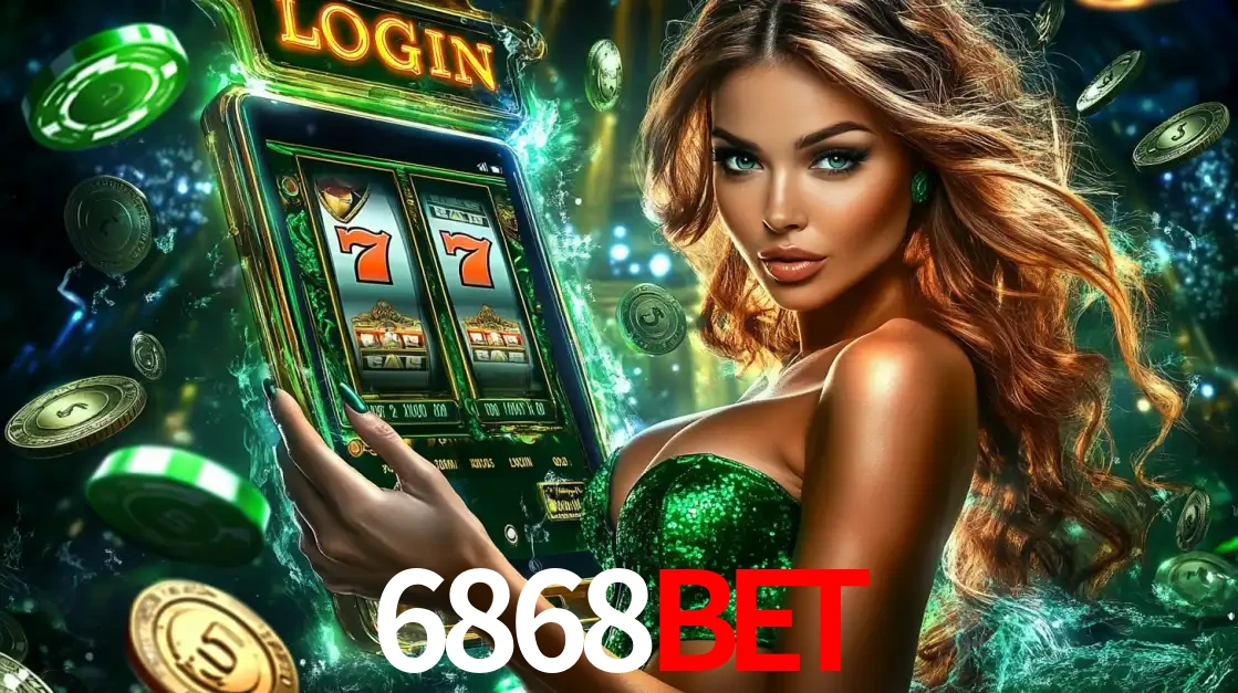 Mulher com tema verde apresentando o aplicativo do cassino 6868BET com um jogo de slot de 777, cercada por fichas de cassino e uma aura de sorte.