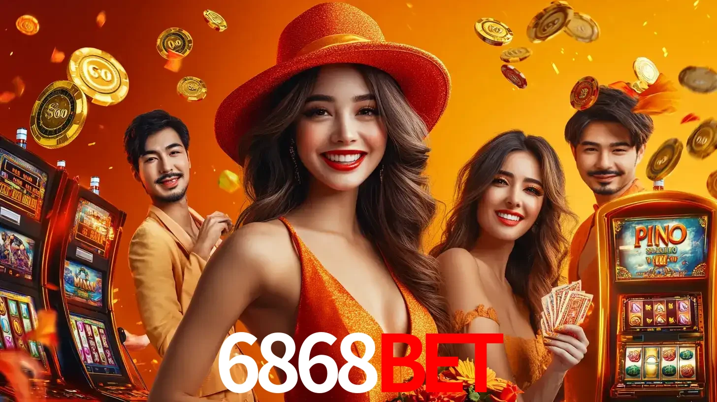 Grupo de amigos asiáticos sorrindo e se divertindo com máquinas de caça-níqueis em um ambiente festivo, celebrando suas vitórias nos jogos de cassino do 6868BET.