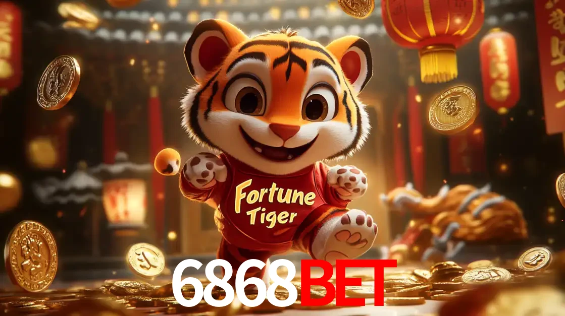 O alegre personagem do Fortune Tiger correndo sobre um caminho de moedas de ouro, simbolizando os grandes prêmios e a diversão do popular jogo de slot do 6868BET.