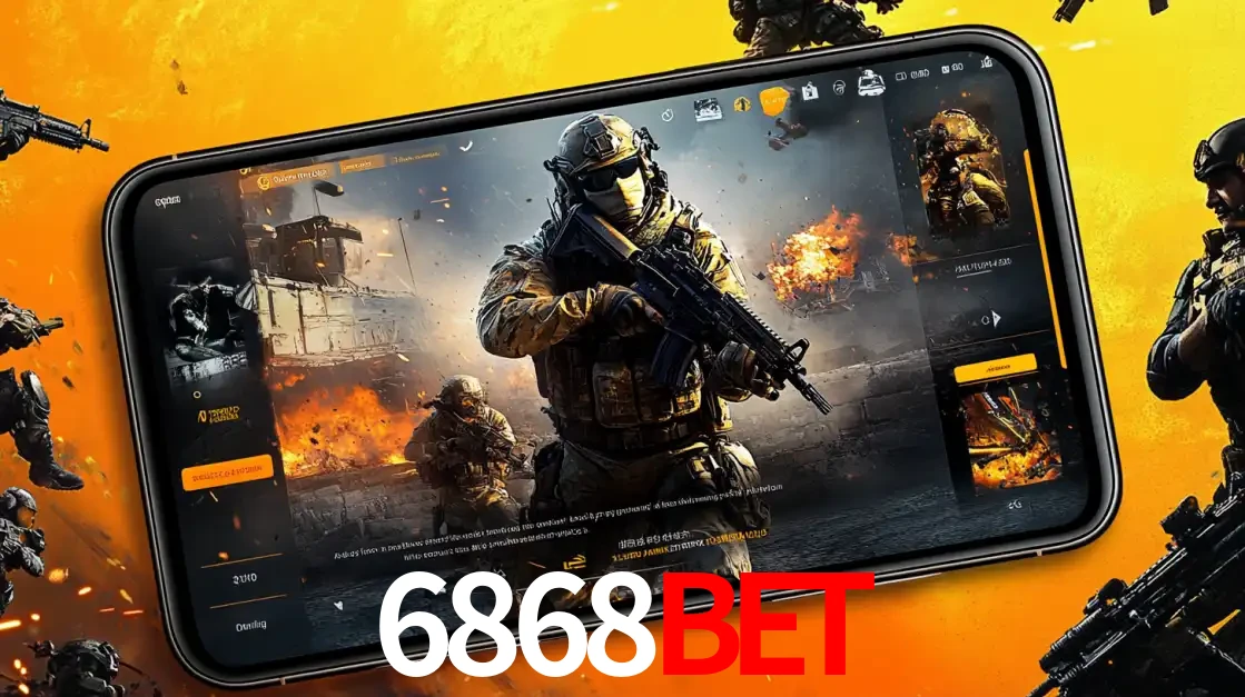 Um smartphone exibindo a interface de um jogo de tiro em primeira pessoa, com um soldado em um cenário de batalha, representando a ação dos e-sports para apostar no 6868BET.
