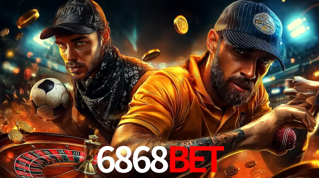 Montagem de apostas esportivas e cassino no 6868BET, com um homem segurando uma bola de futebol e outro uma de beisebol sobre uma roleta e moedas voadoras.