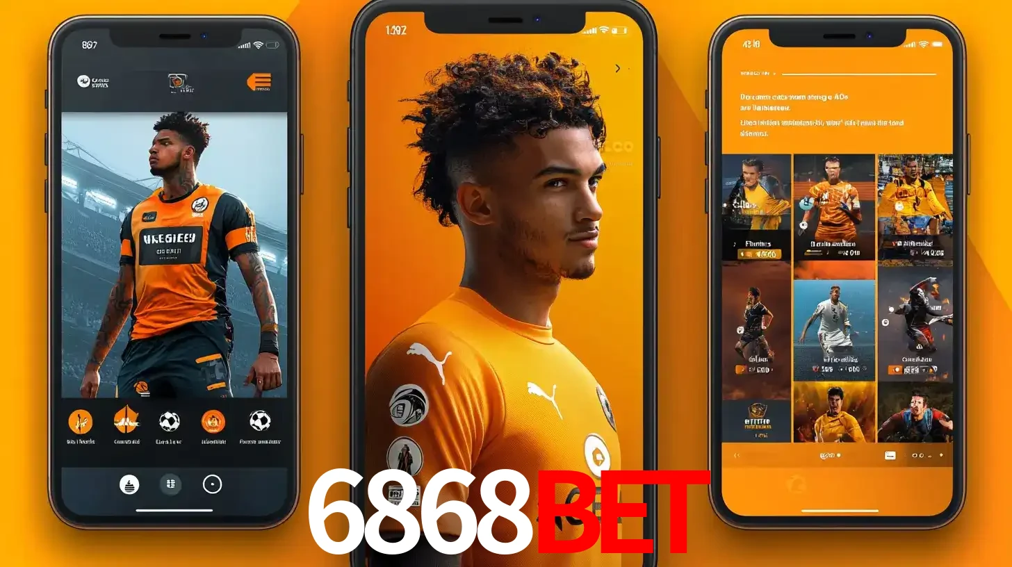 Interface do aplicativo de apostas esportivas 6868BET em três telas de celular, mostrando o perfil de um jogador de futebol e a lista de jogos disponíveis para apostar.
