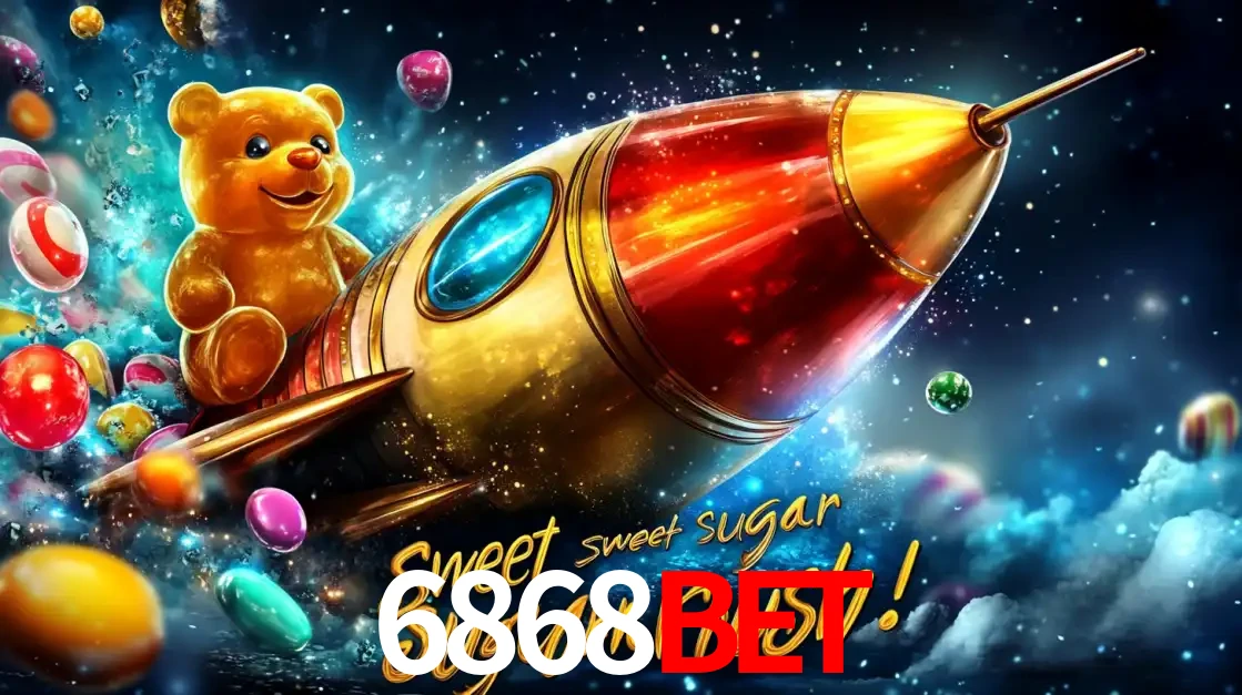 Arte promocional do jogo de slot Sugar Rush, com um urso de pelúcia em um foguete viajando pelo espaço de doces, um dos jogos divertidos disponíveis no cassino 6868BET.