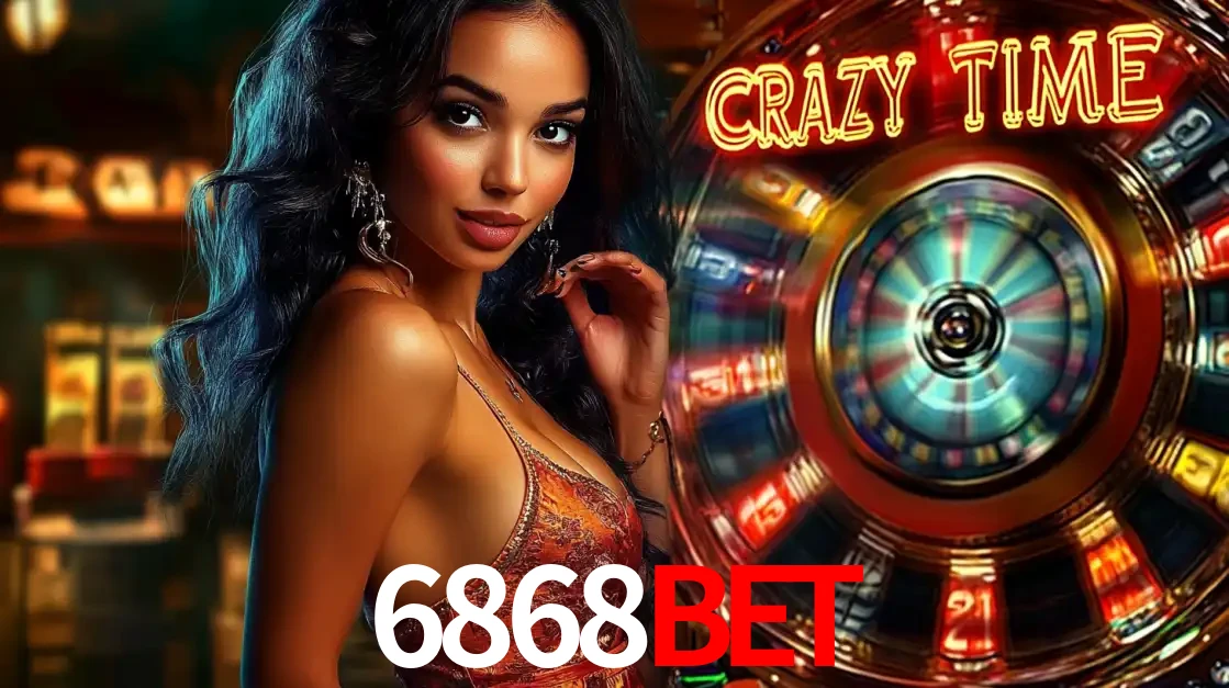 Mulher elegante ao lado da vibrante roda da fortuna do jogo de cassino ao vivo Crazy Time, um dos game shows mais populares e cheios de prêmios do 6868BET.