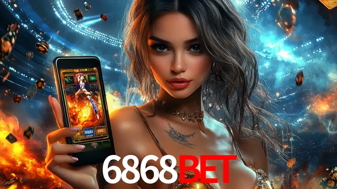Mulher segurando um celular com um jogo de slot em destaque, tendo como fundo um estádio vibrante, simbolizando a emoção de jogar no cassino móvel 6868BET.