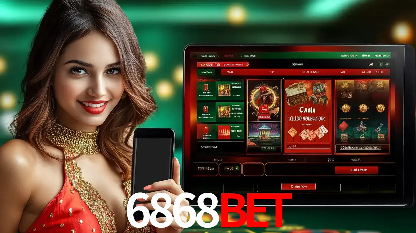 Mulher sorridente segurando um smartphone, ao lado de uma tela exibindo o lobby de jogos do cassino online 6868BET, com várias opções de jogos de cartas e slots.